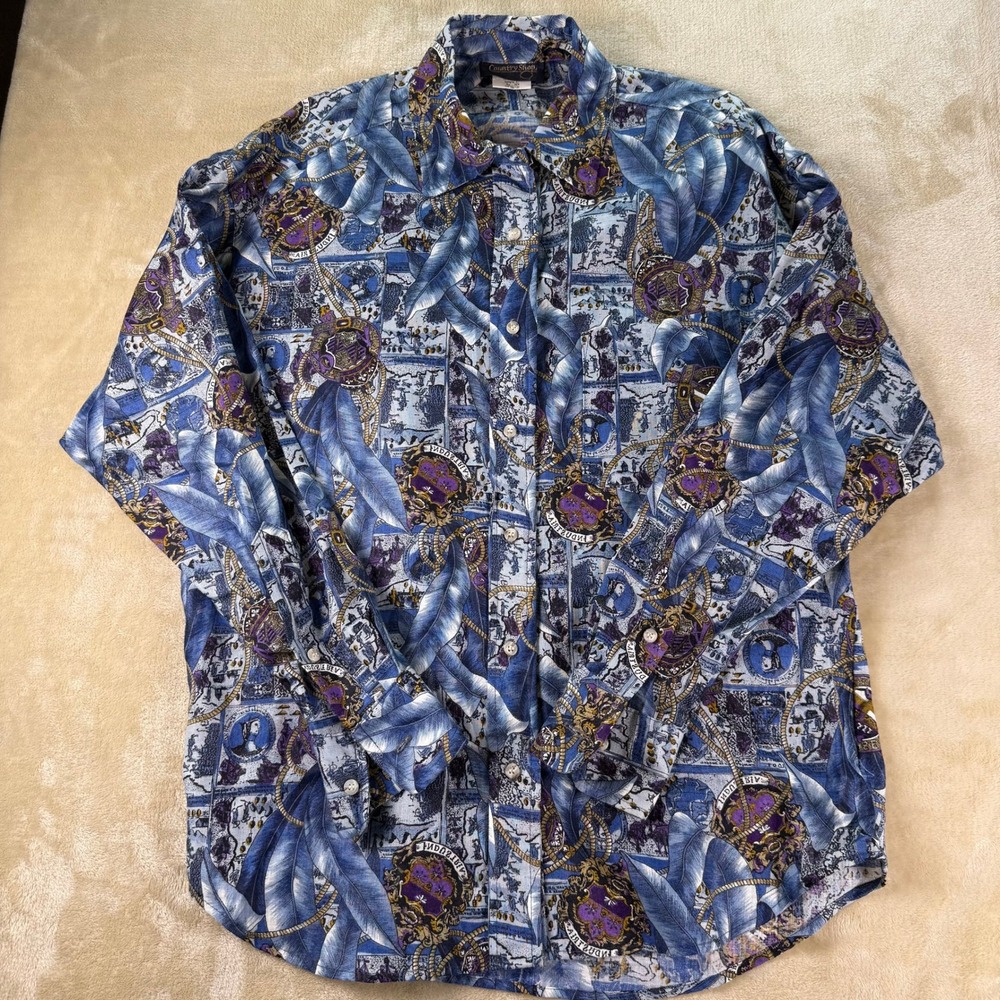 Country Shop Linen Cotton Button Up Shirt‎ Blue Purple Feather Print Small
